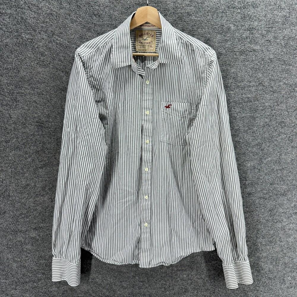 Hollister Shirt Men XL Gray Striped Button Up Collared Long Sleeve Pockets